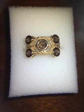Smoky Quartz Multi Row Yellow Gold Over Silver Ring
